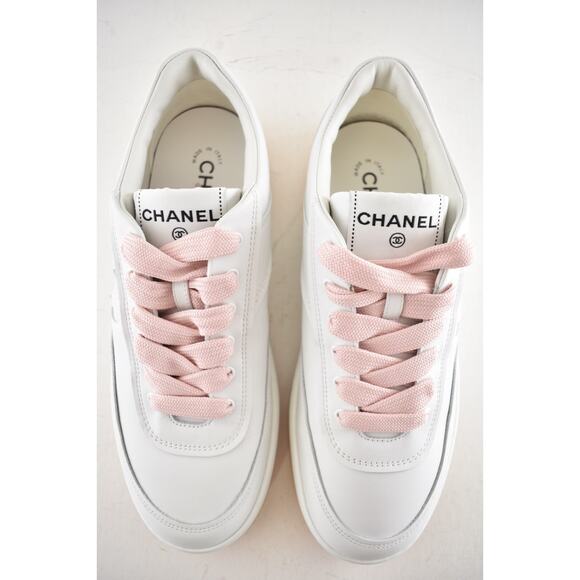Chanel 24P White Pink Leather CC Logo Flat Lace Up Runner Trainer Sneaker 40 - Picture 10 of 15